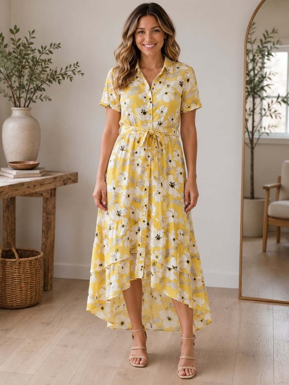 Banana Republic Yellow Floral High-Low Shirt Dress